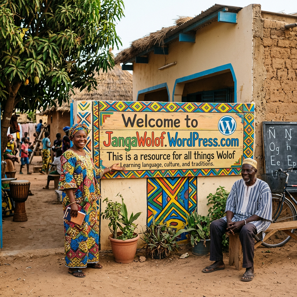 Sign reading Welcome to Jangawolof.WordPress.com, This is a resource for all things Wolof, Learning language, culture, and traditions, with two people outside a village home.