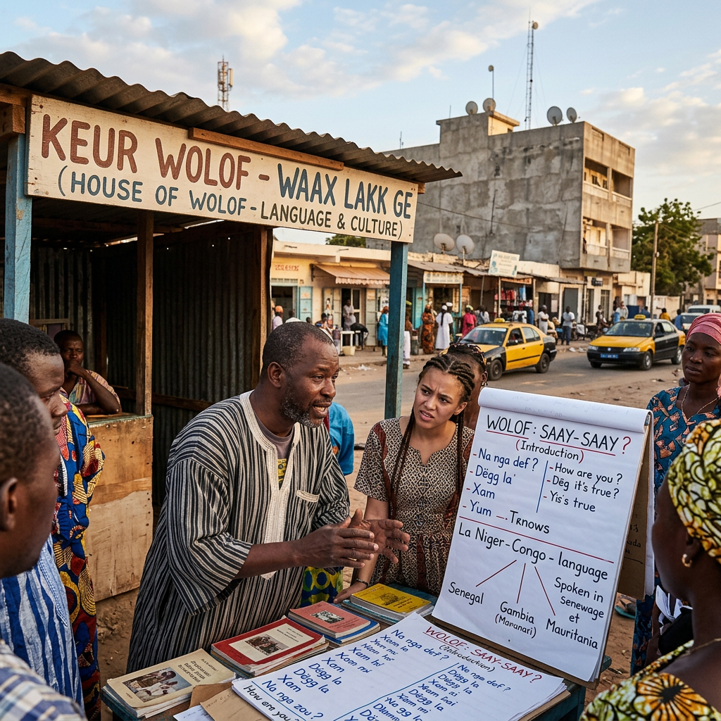 Wolof language and culture workshop with participants studying a vocabulary board