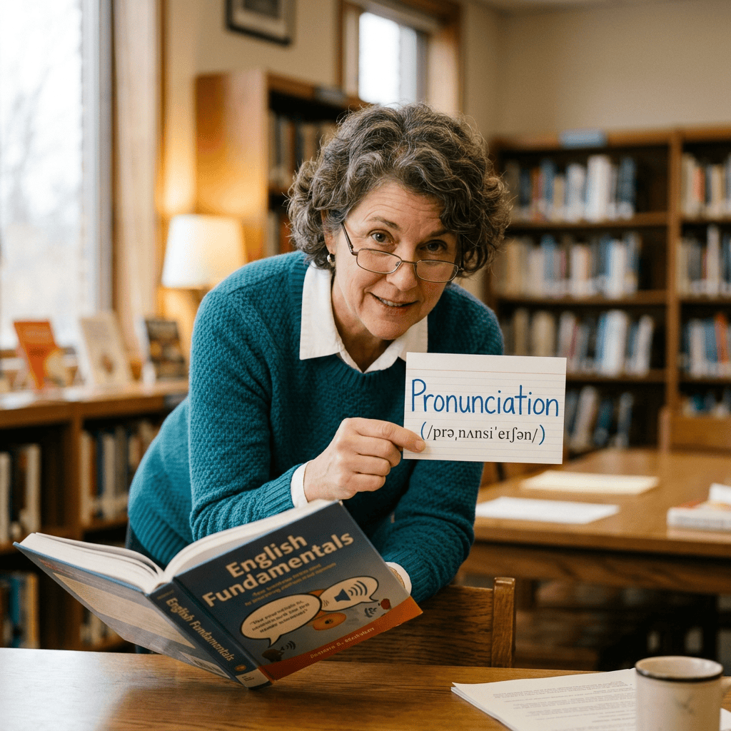 Instructor holding a “Pronunciation (/prəˌnʌnsiˈeɪʃən/)” sign and English Fundamentals book