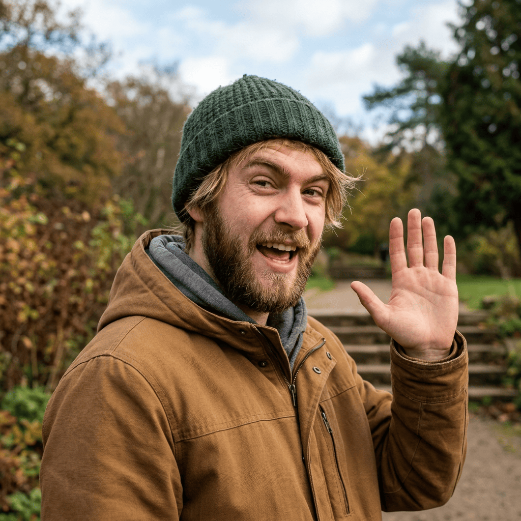 Smiling bearded man in beanie waving along an autumn garden path