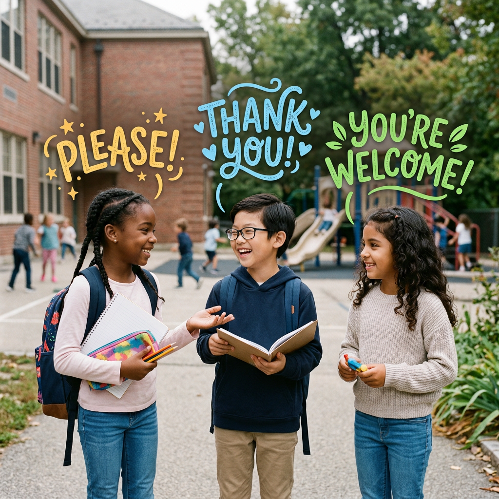 Three students in a schoolyard with text reading “PLEASE!”, “THANK YOU!”, and “YOU’RE WELCOME!”