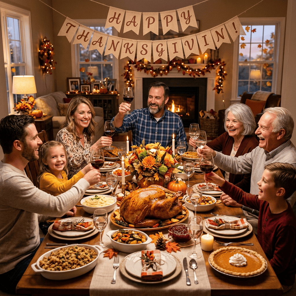 Family celebrating Thanksgiving around a dinner table with a roast turkey