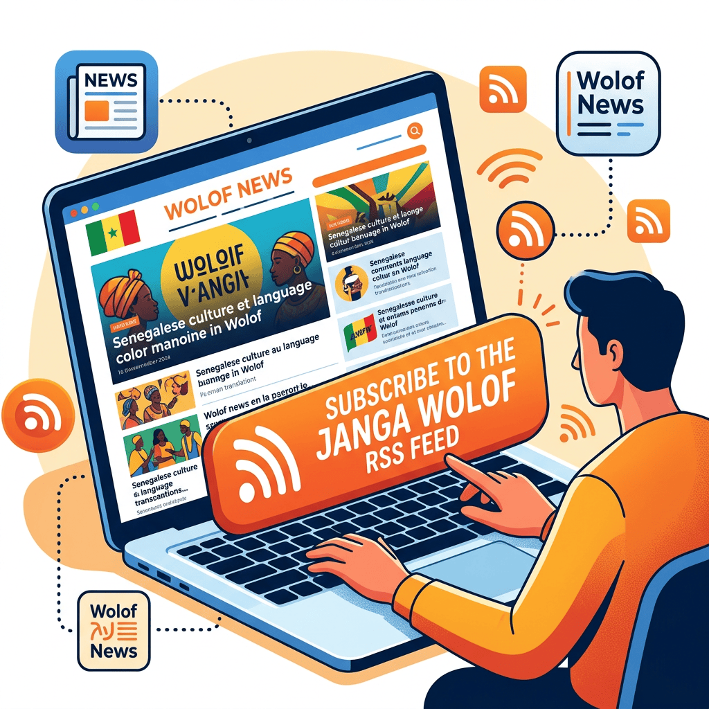 Person using laptop displaying Wolof News RSS subscription information