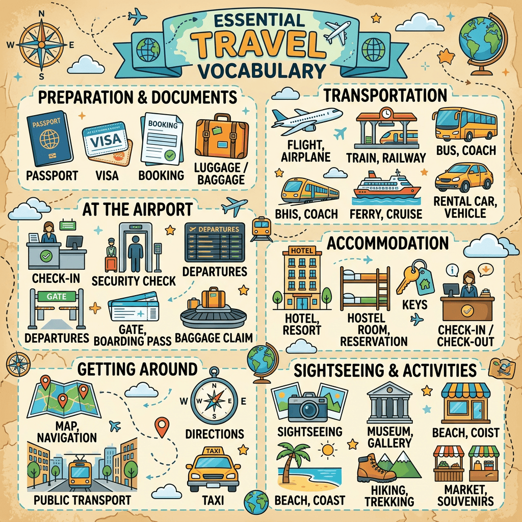 Essential travel vocabulary infographic covering documents, transport, airports, accommodation, navigation, and sightseeing