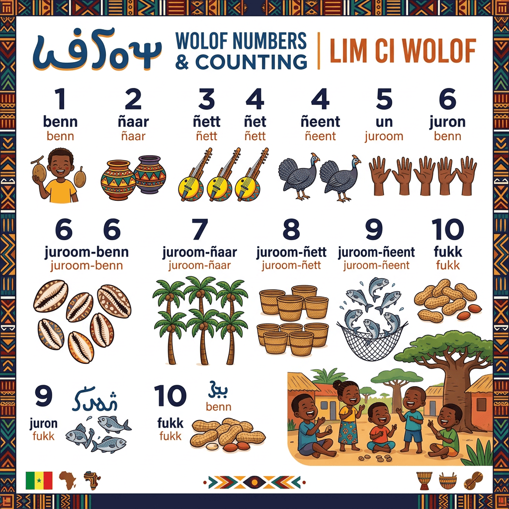 Wolof Numbers & Counting chart, Lim ci Wolof, showing numbers one through ten