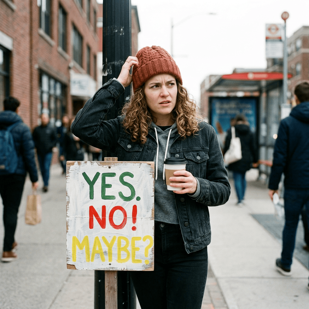 Person holding a sign reading “YES. NO! MAYBE?” and coffee