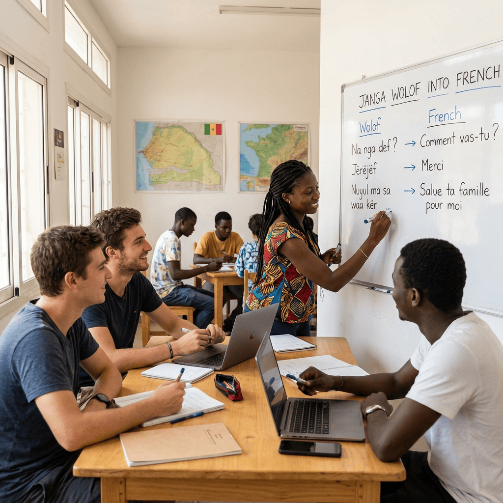 Classroom lesson with whiteboard text: JANGA WOLOF INTO FRENCH; Wolof; French; Na nga def? Comment vas-tu?; Jërëjëf Merci; Ngul ma sa waa kër Salve ta famille pour moi.