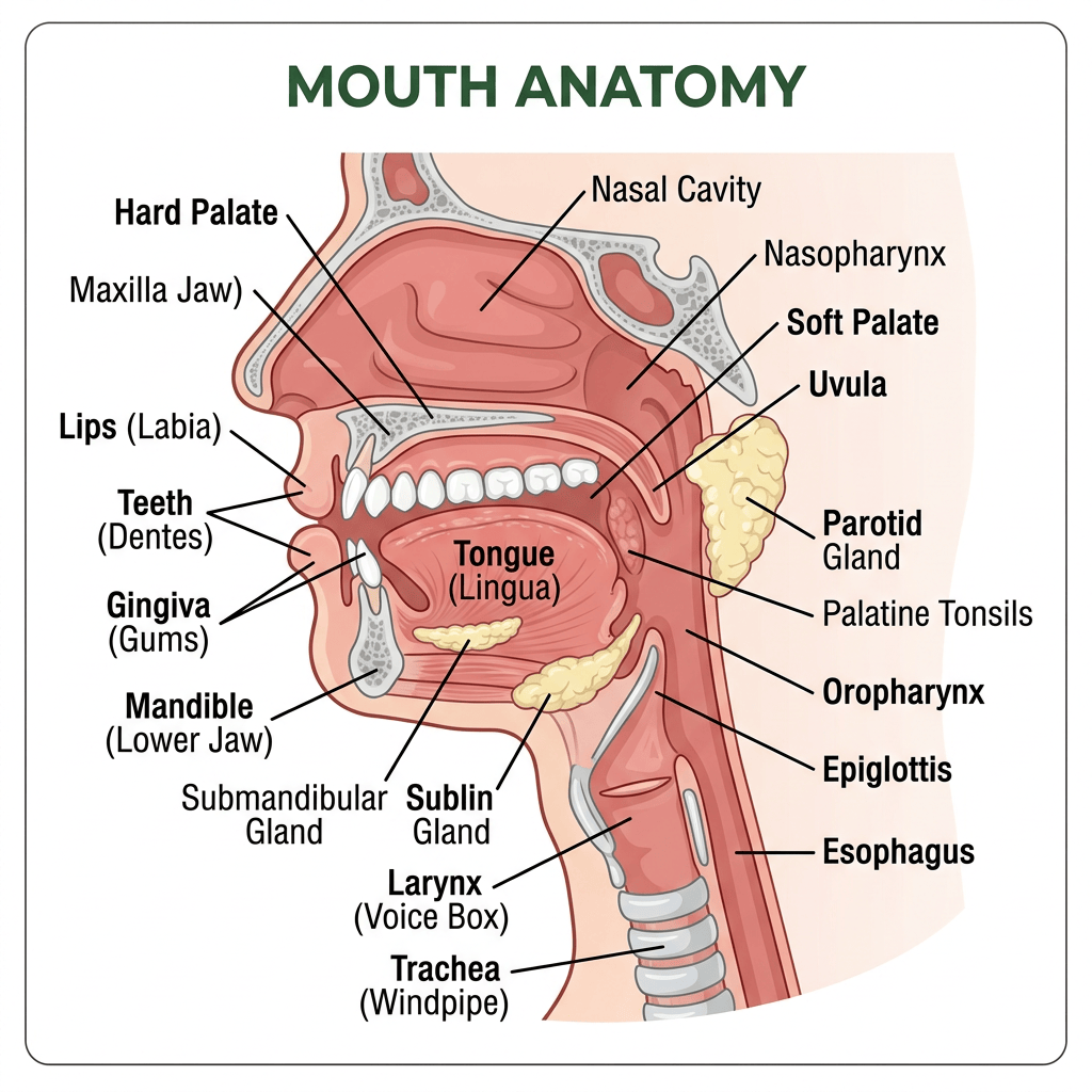 MOUTH ANATOMY diagram labeled Hard Palate, Maxilla Jaw, Lips, Teeth, Gingiva, Mandible, Nasal Cavity, Nasopharynx, Soft Palate, Uvula, Parotid Gland, Palatine Tonsils, Oropharynx, Epiglottis, Esophagus, Tongue, Sublingual Gland, Submandibular Gland, Larynx, and Trachea.