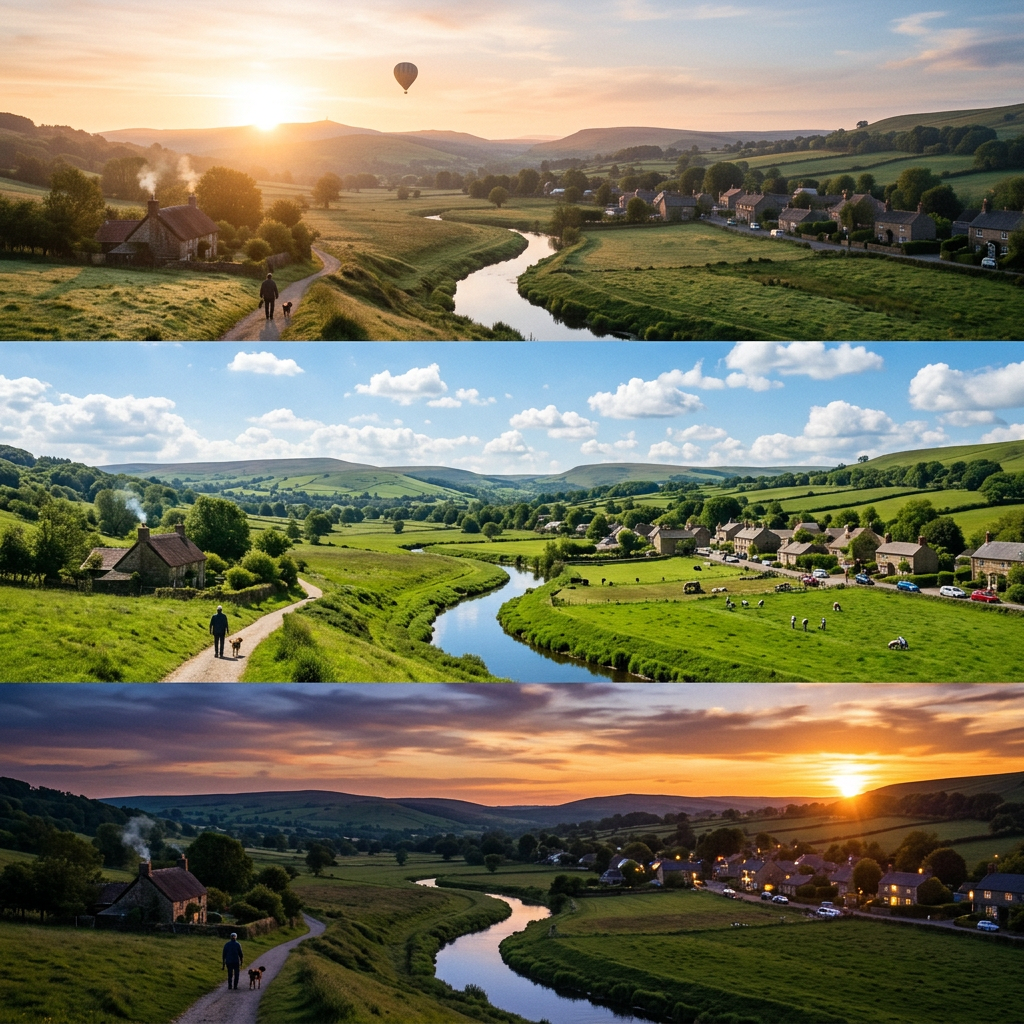 Three countryside scenes show a winding river, village, hills, and person walking dog at different times of day