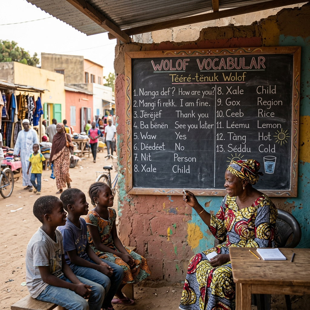 Teacher with three children beside a chalkboard titled "WOLOF VOCABULAR" and "Tééré-ténuk Wolof," listing greetings, numbers, and words including "Nanga def? How are you?", "Mangi fi rekk. I am fine.", "Tërëjëf Thank you", "Ba bëneen See you later", "Waw Yes", "Déédéet No", "Nit Person", "Xale Child", "Gox Region", "Ceeb Rice", "Léemu Lemon", "Tàng Hot", and "Séddou Cold."