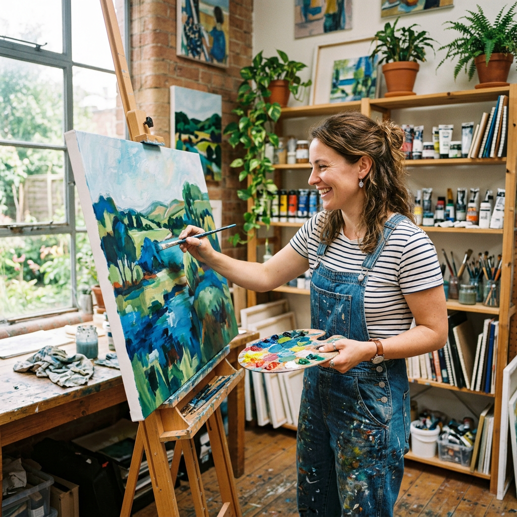 Artist painting a colorful landscape on canvas in a studio