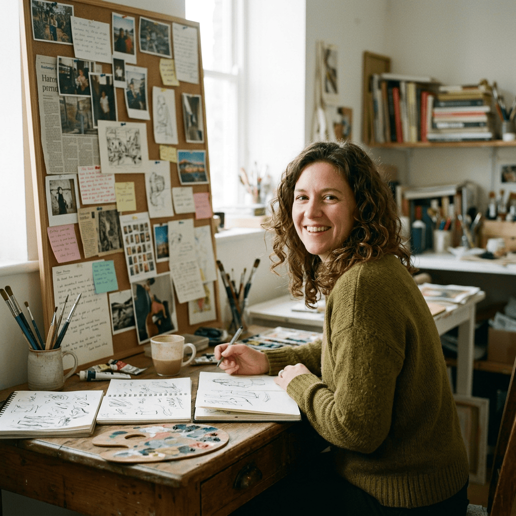Smiling artist drawing at a desk surrounded by sketches and art supplies