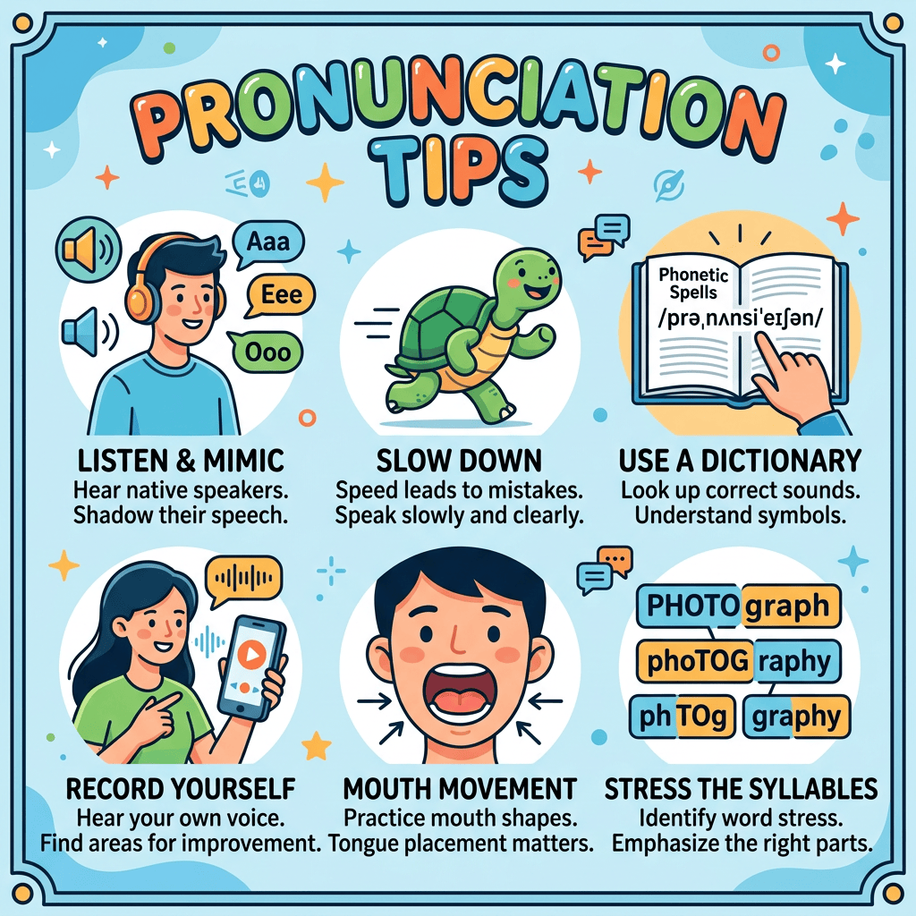 Pronunciation Tips infographic: listen and mimic, slow down, use a dictionary, record yourself, practice mouth movement, stress syllables.