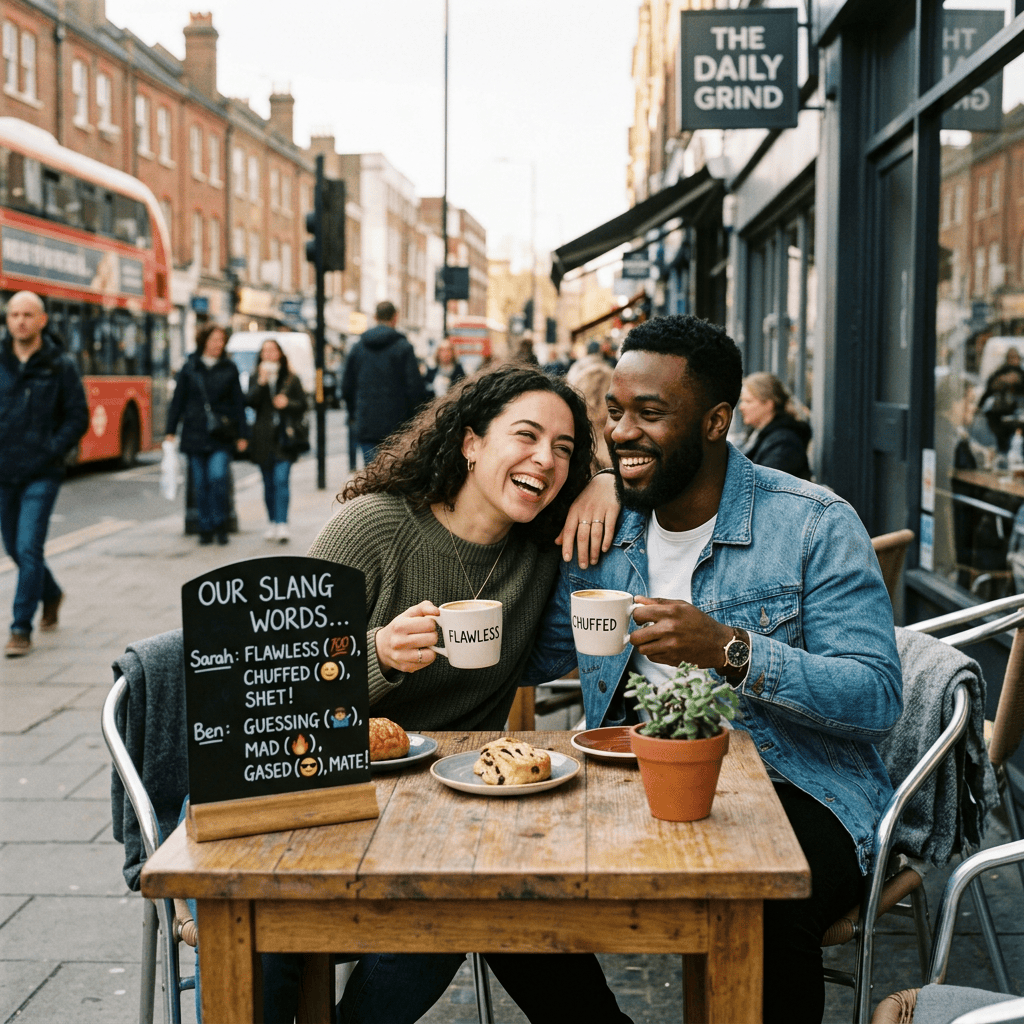 Two friends laughing over coffee beside a chalkboard reading “OUR SLANG WORDS... Sarah: FLAWLESS, CHUFFED, SHET! Ben: GUESSING, MAD, GASED”; café sign reads “THE DAILY GRIND.”