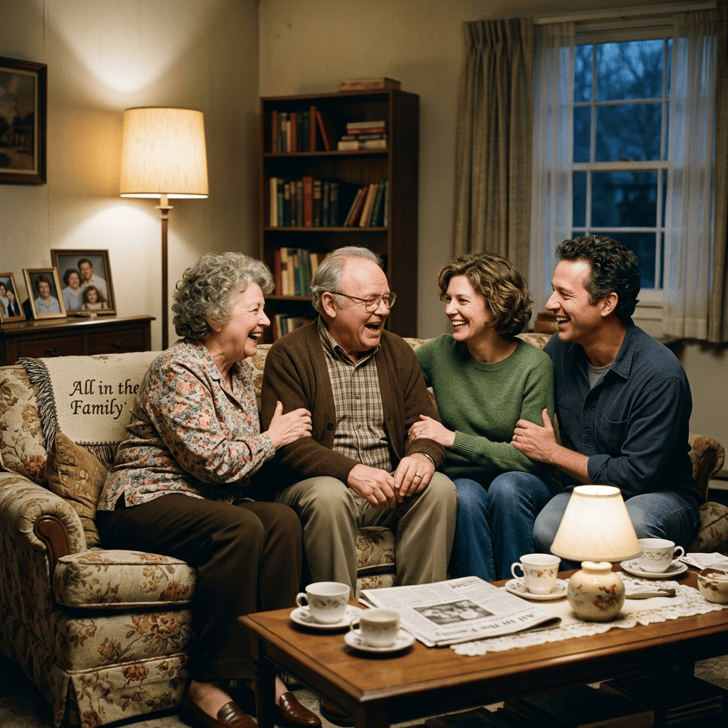 Four family members laughing together on a living room sofa