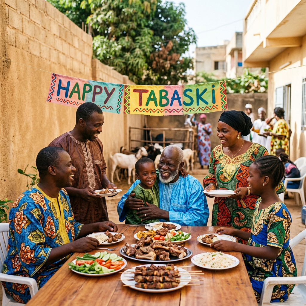 Family sharing a festive meal beneath a colorful HAPPY TABASKI banner