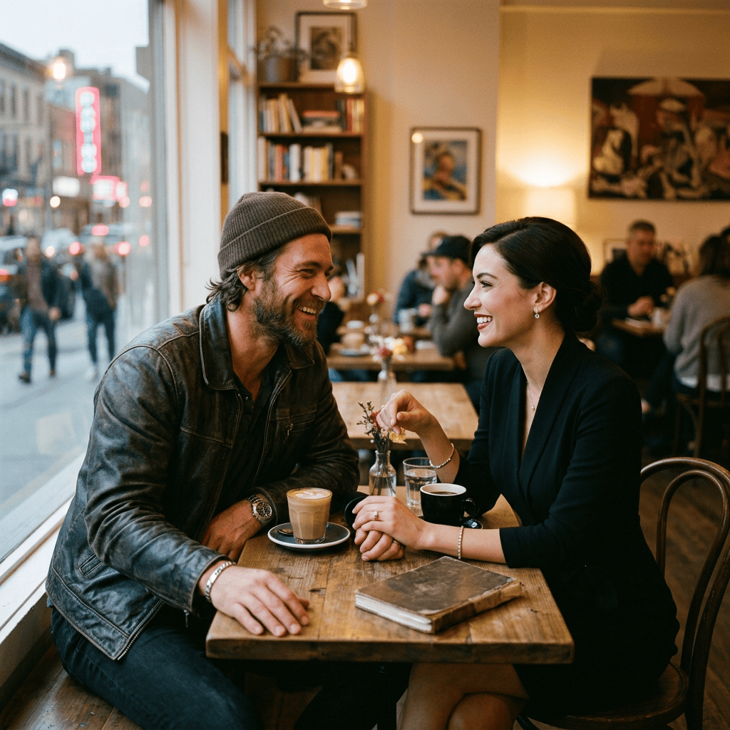 Two people laughing together over coffee at a warmly lit café table
