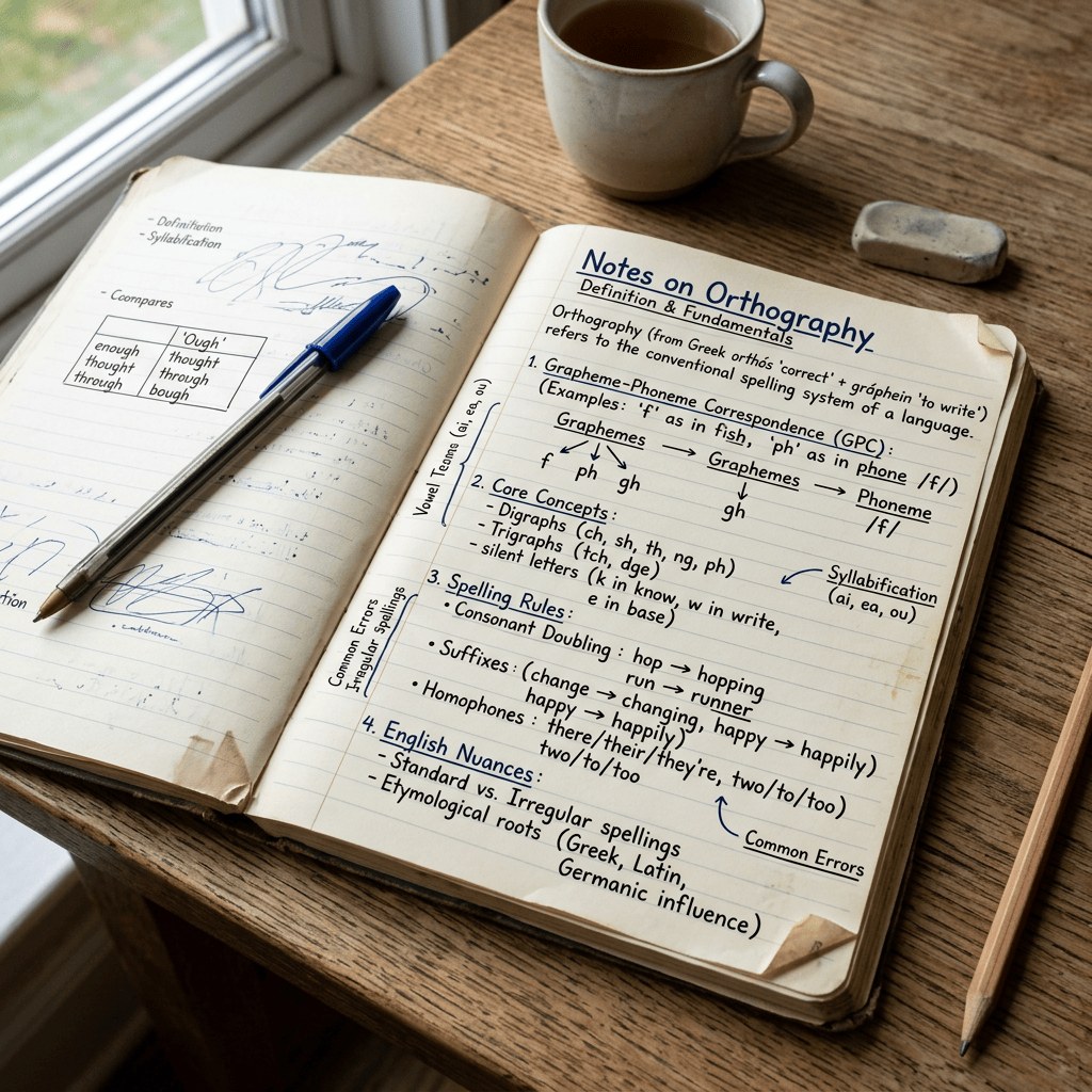 Open notebook titled “Notes on Orthography—Definition & Fundamentals,” covering grapheme-phoneme correspondence, spelling rules, English nuances, and common errors, with pens and tea nearby.
