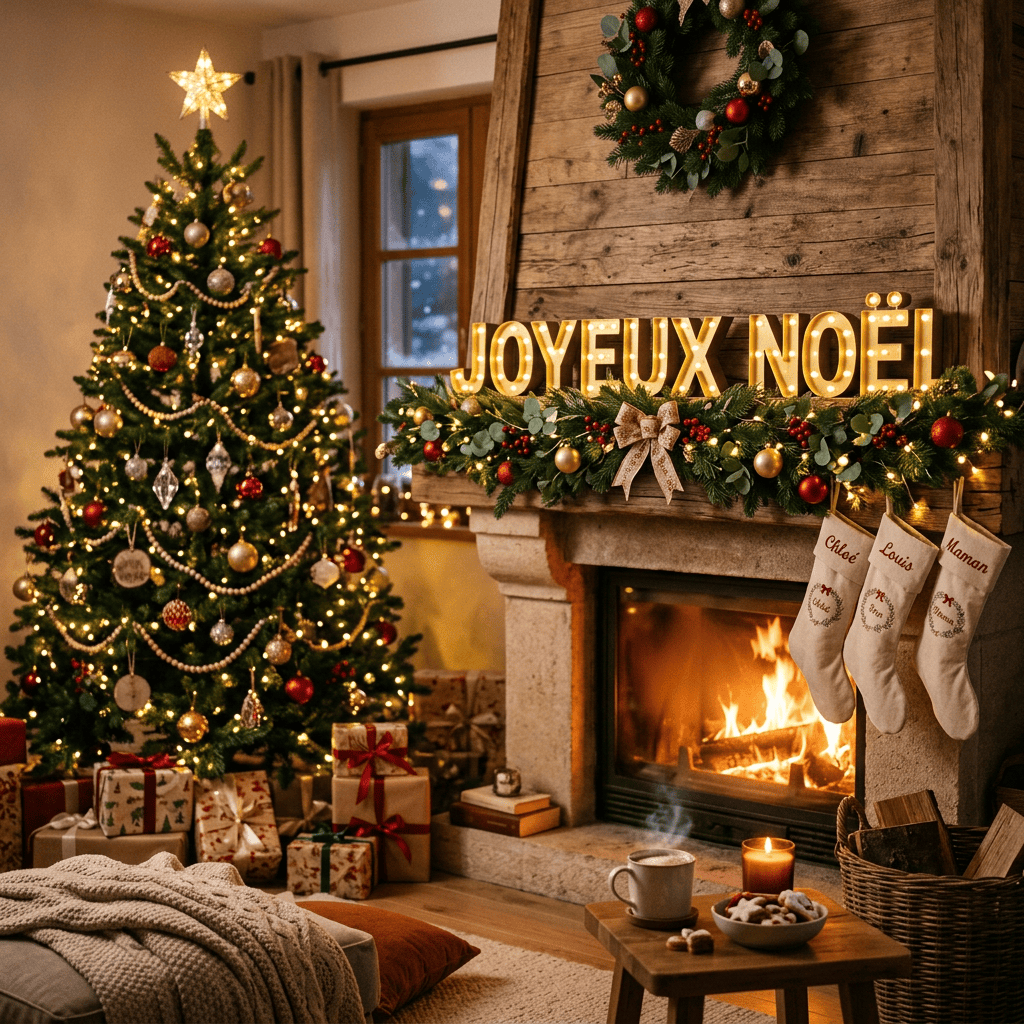 Decorated Christmas tree and glowing fireplace with Joyeux Noël sign