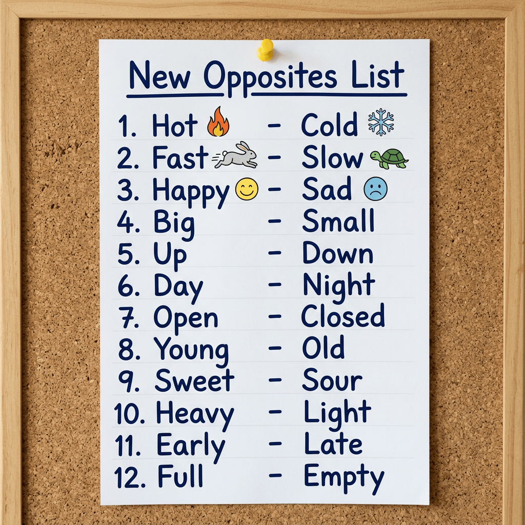 Poster listing twelve opposite word pairs: Hot–Cold, Fast–Slow, Happy–Sad, Big–Small, Up–Down, Day–Night, Open–Closed, Young–Old, Sweet–Sour, Heavy–Light, Early–Late, Full–Empty.