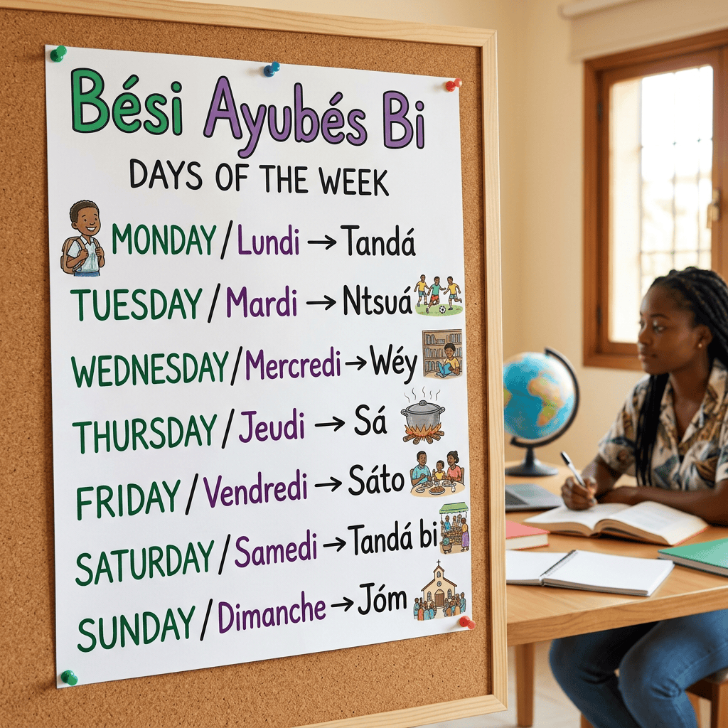 Poster reading “Besi Ayubés Bi,” “DAYS OF THE WEEK,” Monday/Lundi → Tanda, Tuesday/Mardi → Ntsuá, Wednesday/Mercredi → Wéy, Thursday/Jeudi → Sá, Friday/Vendredi → Sáto, Saturday/Samedi → Tandá bi, Sunday/Dimanche → Jóm.