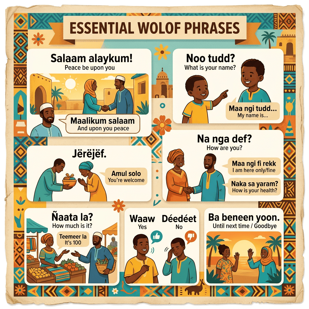 Poster text: ESSENTIAL WOLOF PHRASES; Salam alaykum! Peace be upon you; Maalikum salaam, And upon you peace; Noo tudd? What is your name? Maa ngi tudd... My name is...; Na nga def? How are you? Maa ngi fi rekk, I am here only/fine; Naka sa yaram? How is your health?; Jërëjëf. Amul solo, You're welcome; Ñaata la? How much is it? Teemeer la, It's 100; Waaw, Yes; Déedéet, No; Ba beneen yoon. Until next time / Goodbye.