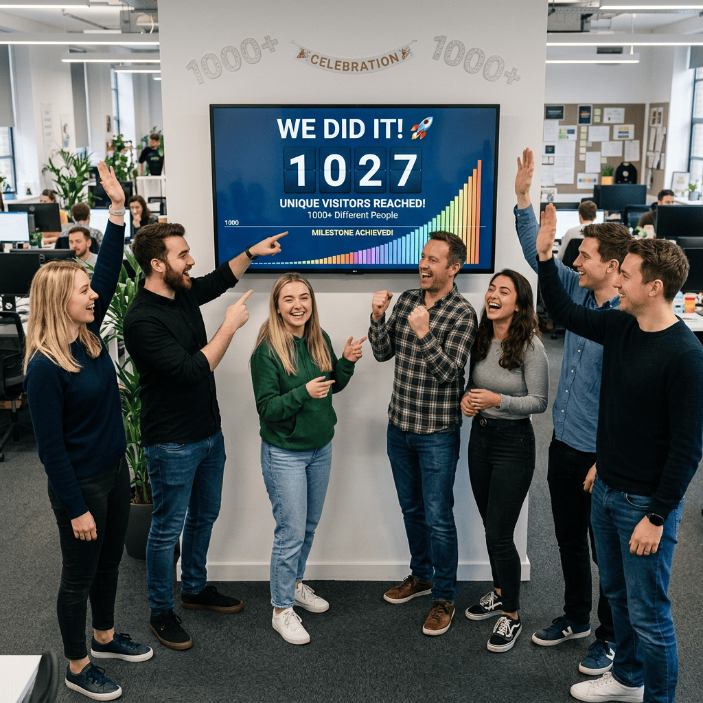 Team celebrating beside screen reading “WE DID IT! 1027 UNIQUE VISITORS REACHED!”