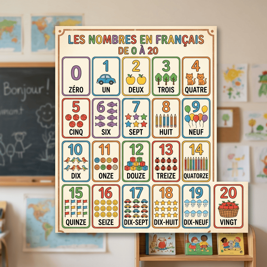 Poster titled “LES NOMBRES EN FRANÇAIS DE 0 À 20” showing French number words zéro through vingt.
