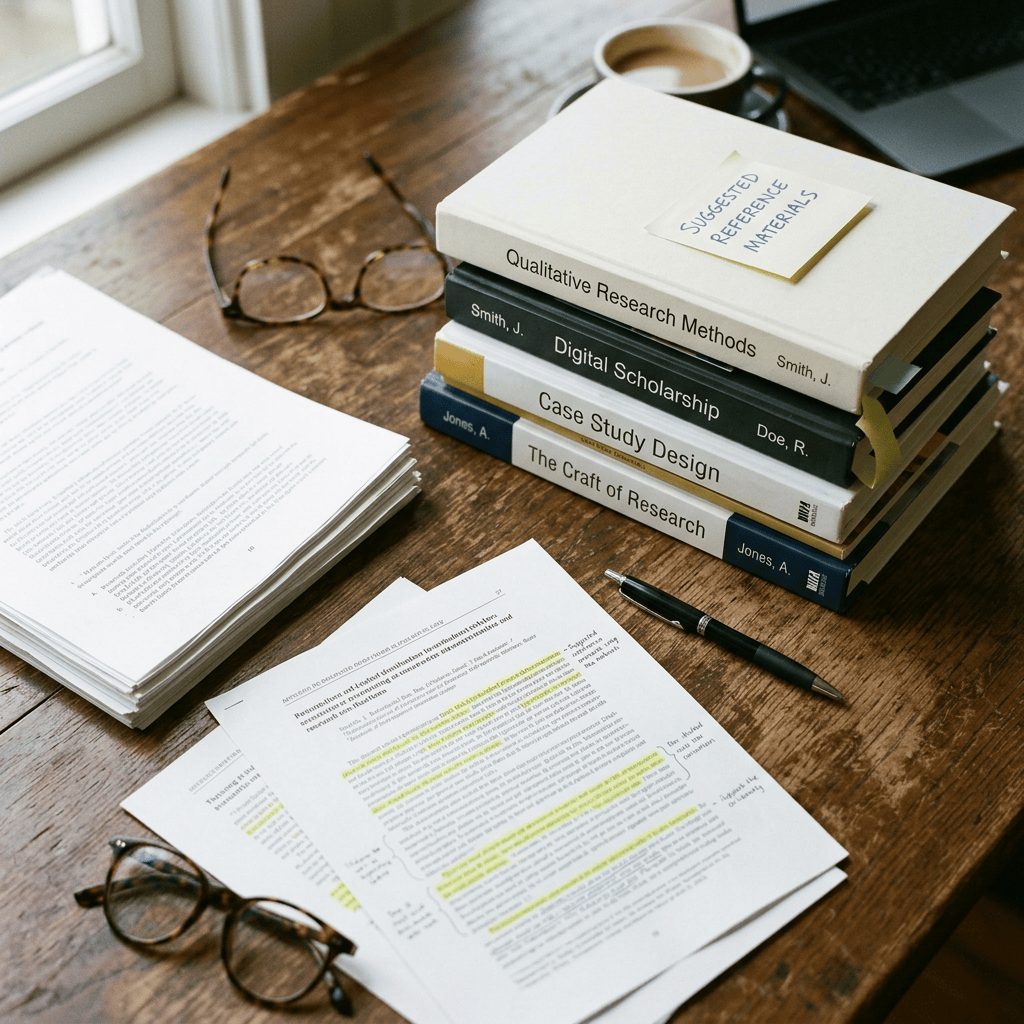 Research books, highlighted papers, glasses, coffee, pen, and laptop on a wooden desk