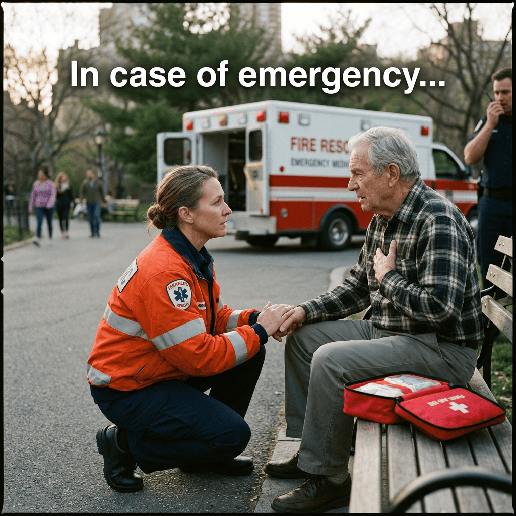 “In case of emergency...” text above paramedic assisting an older man