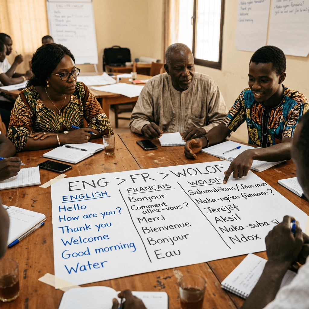 Participants study a poster reading “ENG > FR > WOLOF,” with English, French, and Wolof greetings and common phrases.