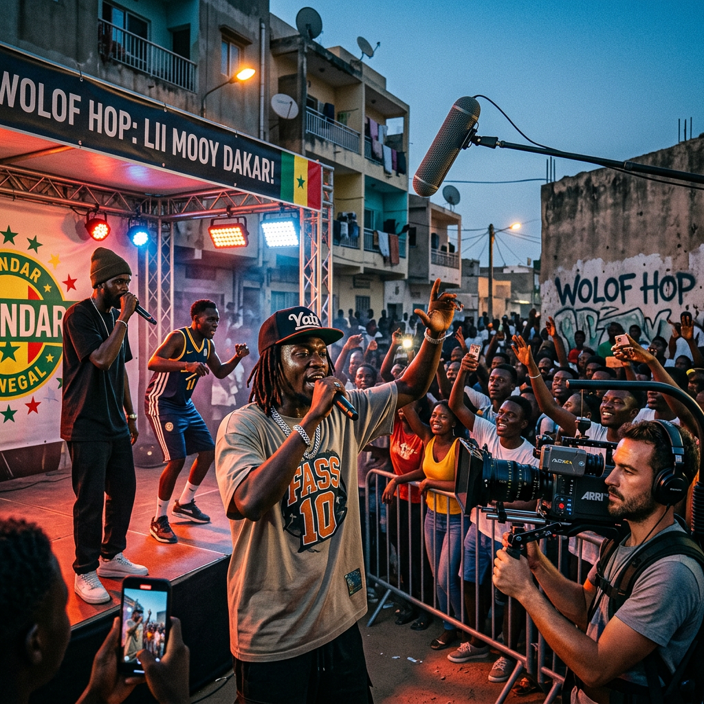 Rapper performing onstage as a crowd records the Wolof hip-hop concert
