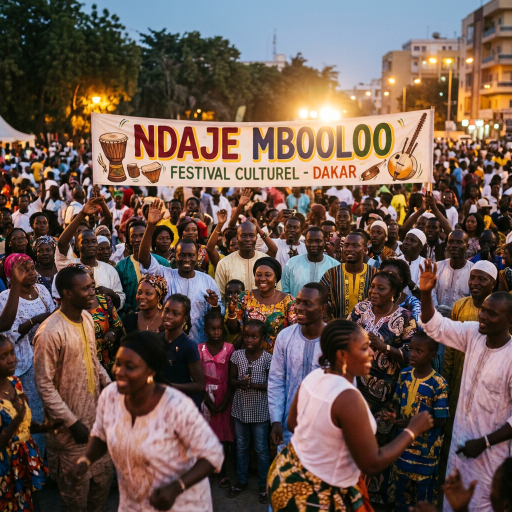Crowd celebrating Ndaje Mbooloo Festival Culturel in Dakar beneath a banner