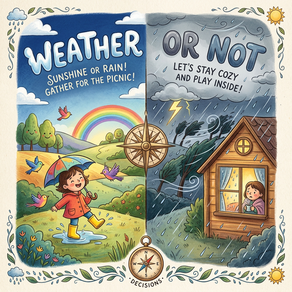 Weather: Sunshine or rain! Gather for the picnic! Or not: Let’s stay cozy and play inside! Decisions.