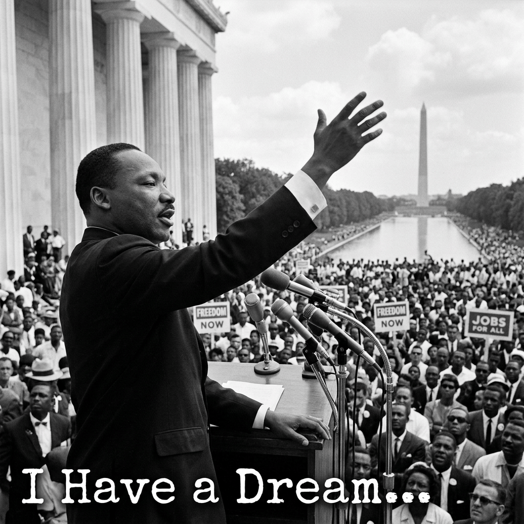 Martin Luther King Jr. speaks; text reads “I Have a Dream...,” “FREEDOM NOW,” and “JOBS FOR ALL.”