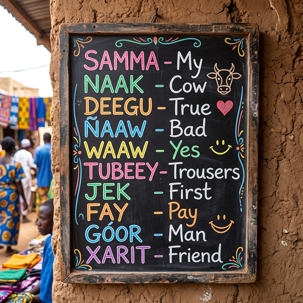 Chalkboard listing local words with English translations, including cow, true, bad, and friend
