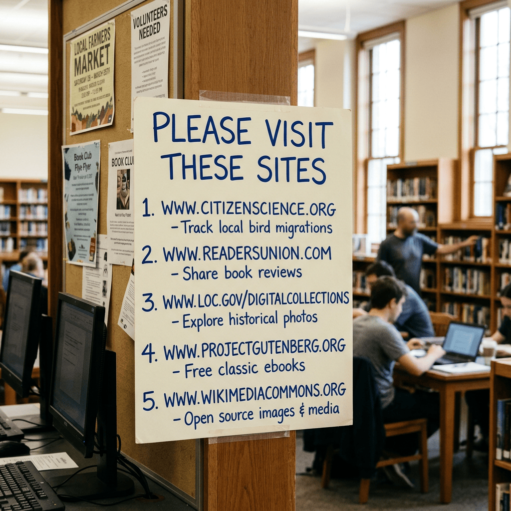 Library sign reading “PLEASE VISIT THESE SITES” with five websites and descriptions: CitizenScience.org—track local bird migrations; ReadersUnion.com—share book reviews; loc.gov/digitalcollections—explore historical photos; ProjectGutenberg.org—free classic ebooks; WikimediaCommons.org—open source images and media.