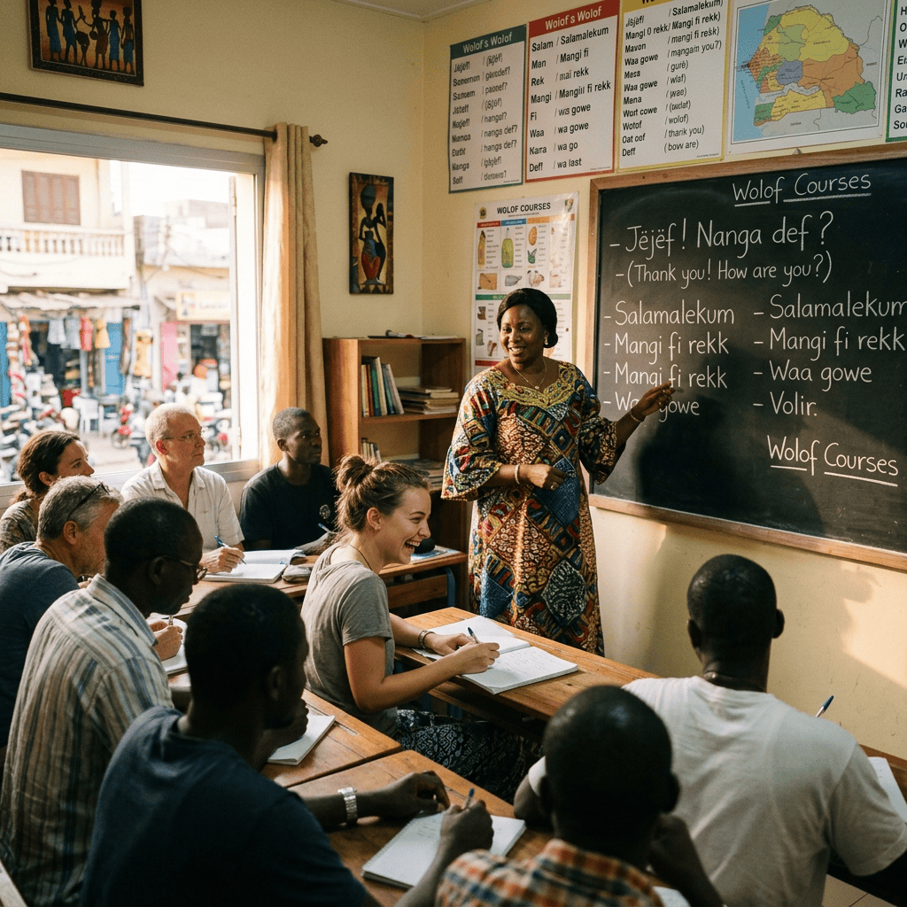 Instructor teaching Wolof to students beside a chalkboard and language posters