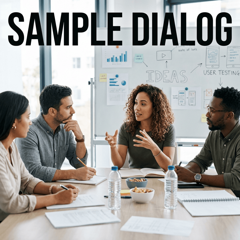 SAMPLE DIALOG; four colleagues discussing ideas and user testing around a table