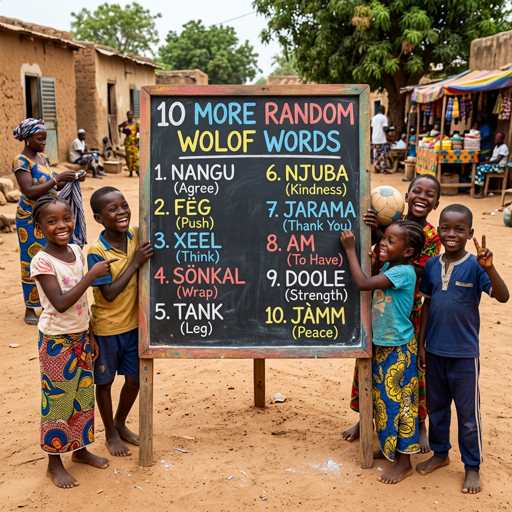 Chalkboard reads “10 MORE RANDOM WOLOF WORDS” with NANGU (Agree), FÉG (Push), XEEL (Think), SÖNKAL (Wrap), TANK (Leg), NJUBA (Kindness), JARAMA (Thank You), AM (To Have), DOOLE (Strength), and JÀMM (Peace), surrounded by smiling children.