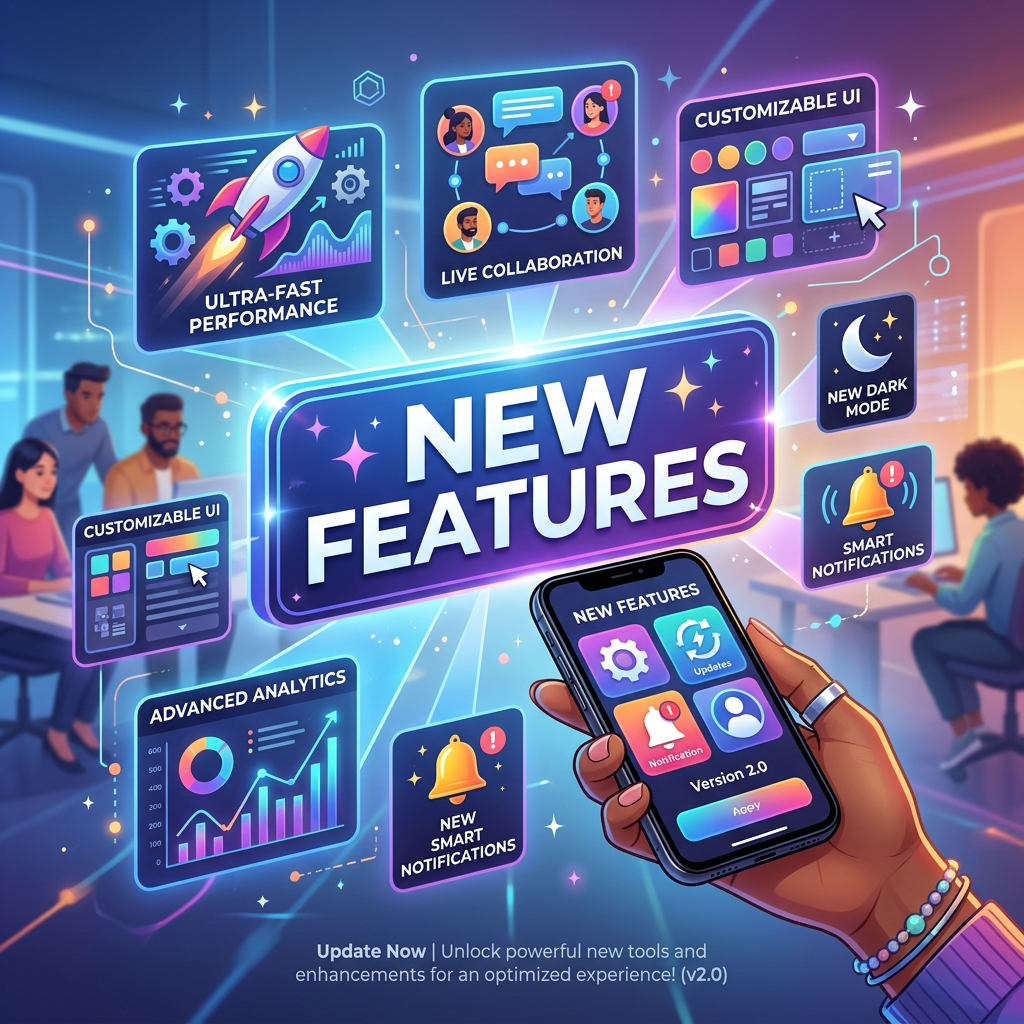 New Features announcement with text: Ultra-Fast Performance, Live Collaboration, Customizable UI, New Dark Mode, Smart Notifications, Advanced Analytics, Version 2.0, and Update Now: Unlock powerful new tools and enhancements for an optimized experience! (v2.0).
