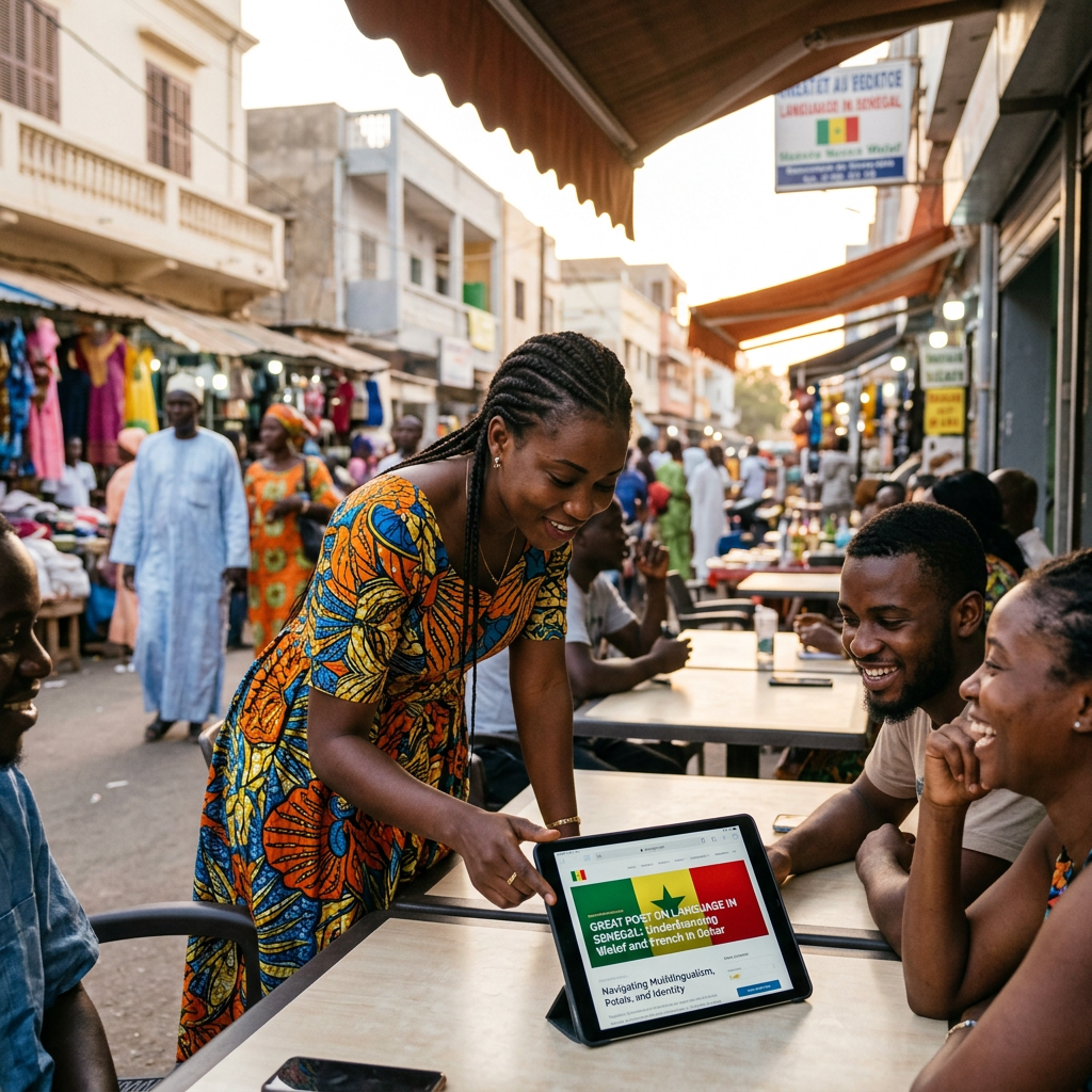 Woman presents a tablet about language in Senegal to people at a Dakar street café