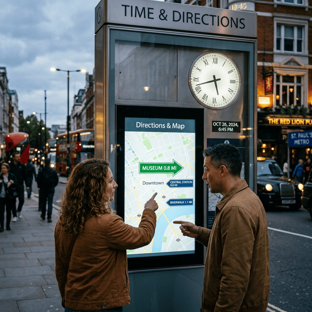 Two people viewing a TIME & DIRECTIONS kiosk map showing Museum, Central Station, and Riverwalk routes.
