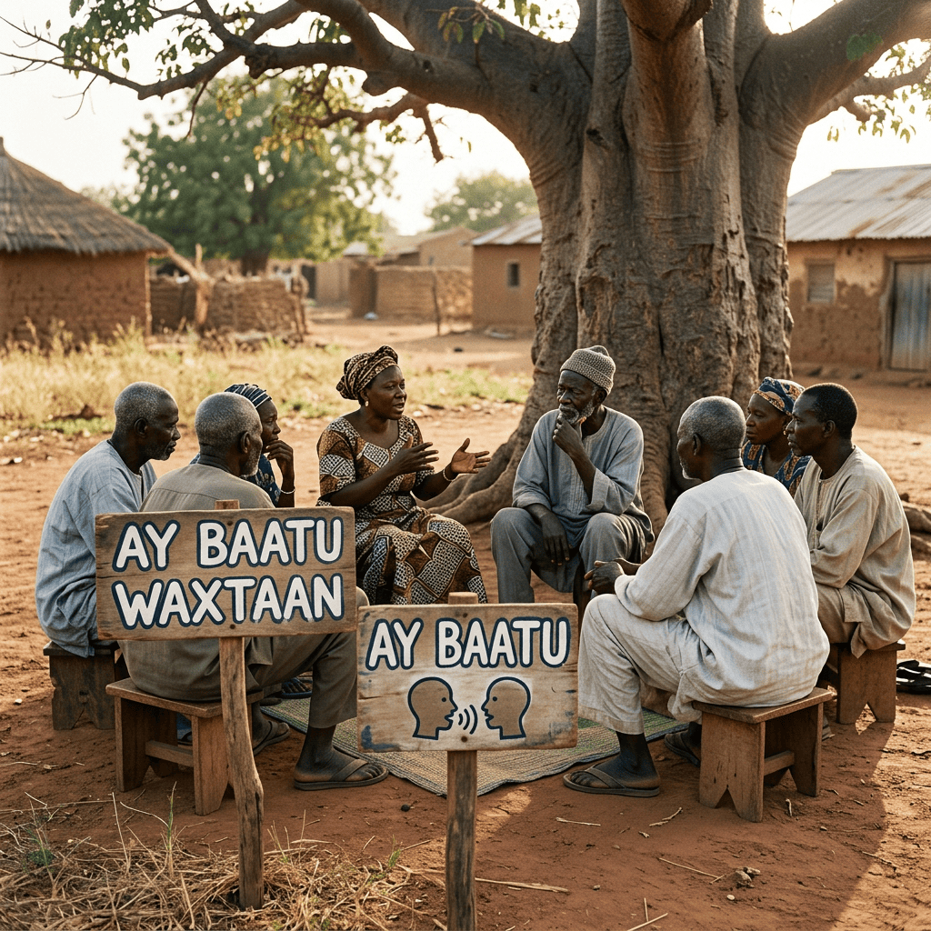 Villagers in discussion; signs read “AY BAATU WAXTAAN” and “AY BAATU,” with speaking icons.