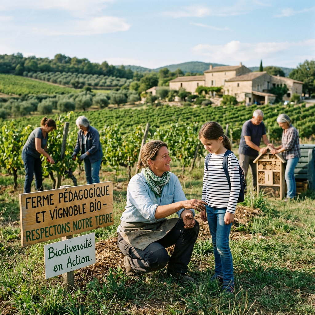 Woman and girl in vineyard beside signs reading “FERME PÉDAGOGIQUE ET VIGNOBLE BIO – RESPECTONS NOTRE TERRE” and “Biodiversité en Action.”