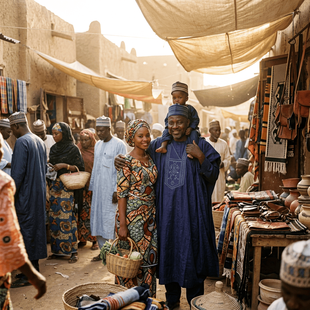 Family walking through a busy outdoor market with textiles and pottery
