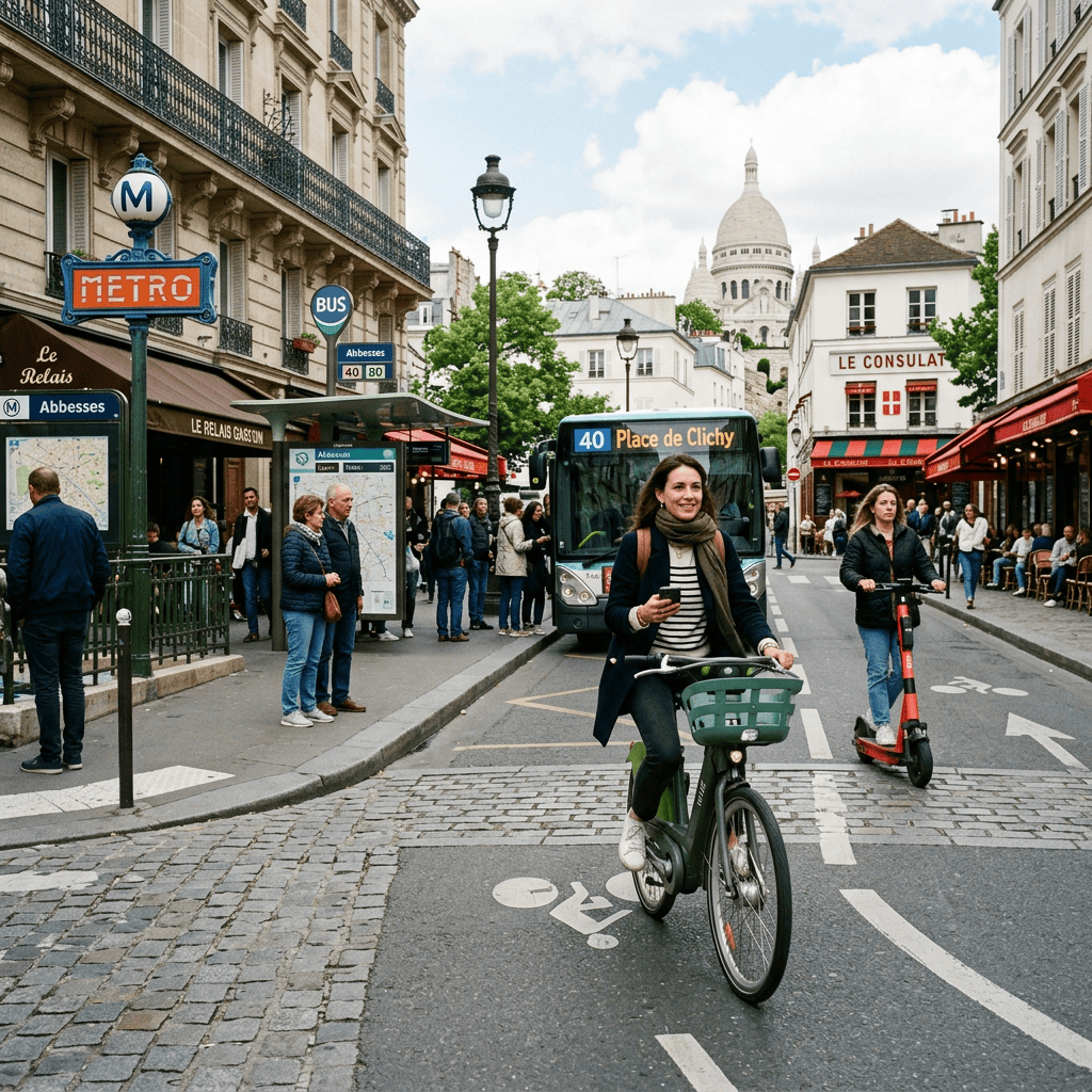 Cyclist riding past Paris Metro and bus stops near Sacré-Cœur