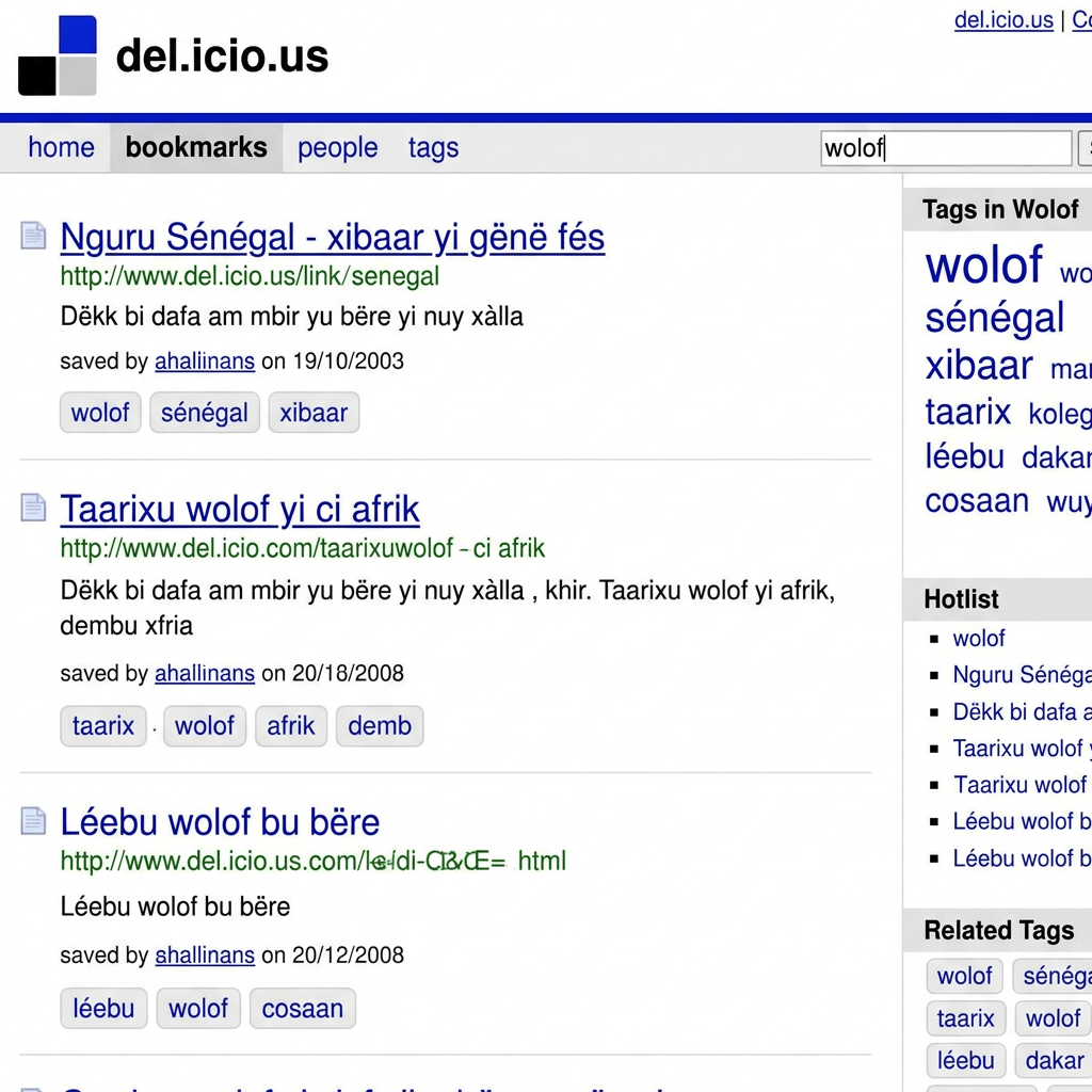 Del.icio.us bookmarks page showing search results for Wolof