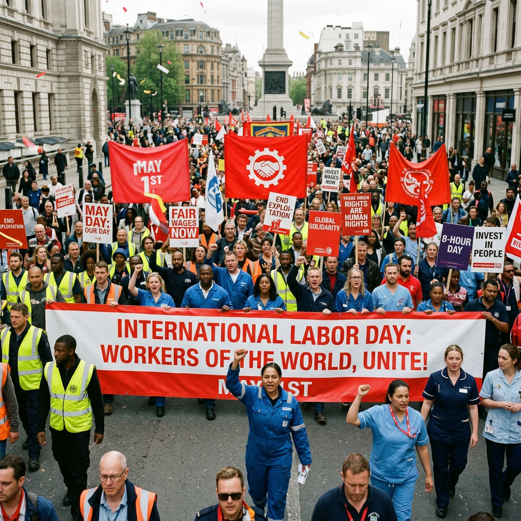 International Labor Day march with workers carrying solidarity and wage-rights banners