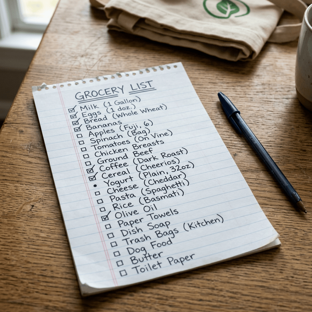 GROCERY LIST: Milk (1 Gallon), Eggs (1 doz.), Bread (Whole Wheat), Bananas (6), Apples (Fuji, 6), Spinach (Bag), Tomatoes (On Vine), Chicken Breasts, Ground Beef, Coffee (Dark Roast), Cereal (Cheerios), Yogurt (Plain, 32oz), Cheese (Cheddar), Pasta (Spaghetti), Rice (Basmati), Olive Oil, Paper Towels, Dish Soap, Trash Bags (Kitchen), Dog Food, Butter, Toilet Paper.